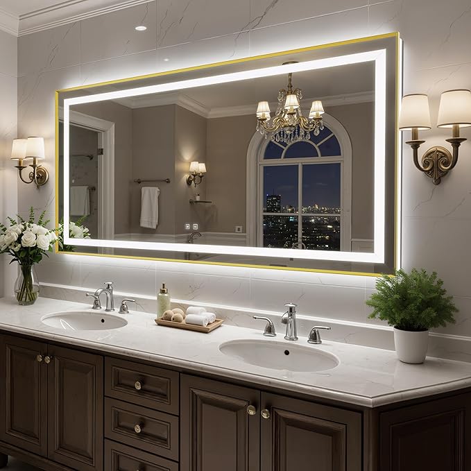 72X36 Inch LED Bathroom Mirror with Lights, Gold Frame Frontlit+ Backlit Bathroom Vanity Mirror for Wall, Ultra-Clear Tempered Glass, Shatter-Proof, Anti-Fog and Memory Function, ETL Listed | Bathroom Vanity Mirror for Wall, Ultra-Clear Tempered Glass,...
