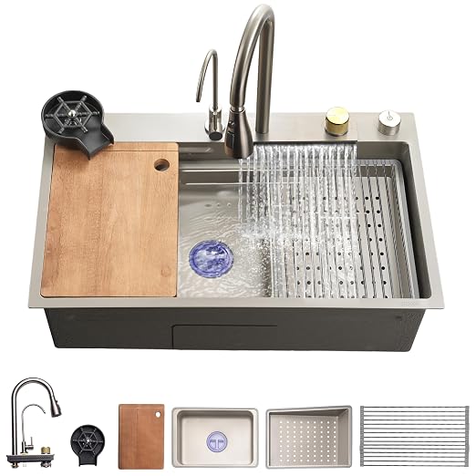 SereneLife Stainless Steel Kitchen Sink | Undermount & Drop-In Installation |13 Gauge & 30"L x 18"W x 9"H IN | Includes Faucet, Drain Rack, Strainer Basket, Cutting Board & Cup Washer | Gray
