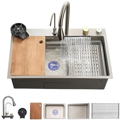 SereneLife Stainless Steel Kitchen Sink | Undermount & Drop-In Installation |13 Gauge & 30"L x 18"W x 9"H IN | Includes Faucet, Drain Rack, Strainer Basket, Cutting Board & Cup Washer | Gray