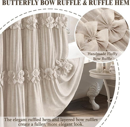 Ruffle Farmhouse Linen Shower Curtain with Vintage Bow Beige 72" W x 72" H | Linen Blend Fabric, Ruffle Bow and Ruffled Hem，Linen Texture，Machine Washable，12 Metal Holes and Plastic Hooks
