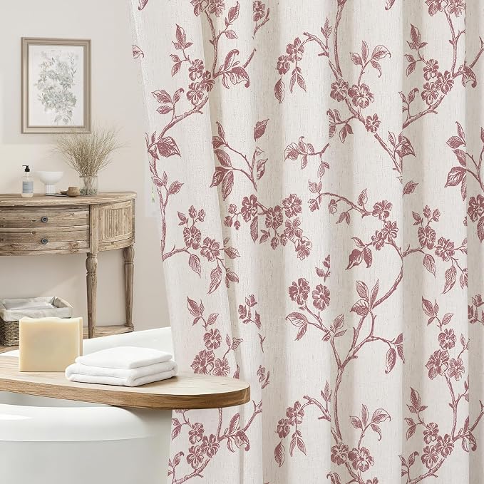 MitoVilla Long Linen Floral Shower Curtain for Bathroom,72 x 78 | Long Cottagecore Spring Shower Curtains for Bathroom, Modern Farmhouse Country Plant Leaves Bathroom Décor, 72 x 78
