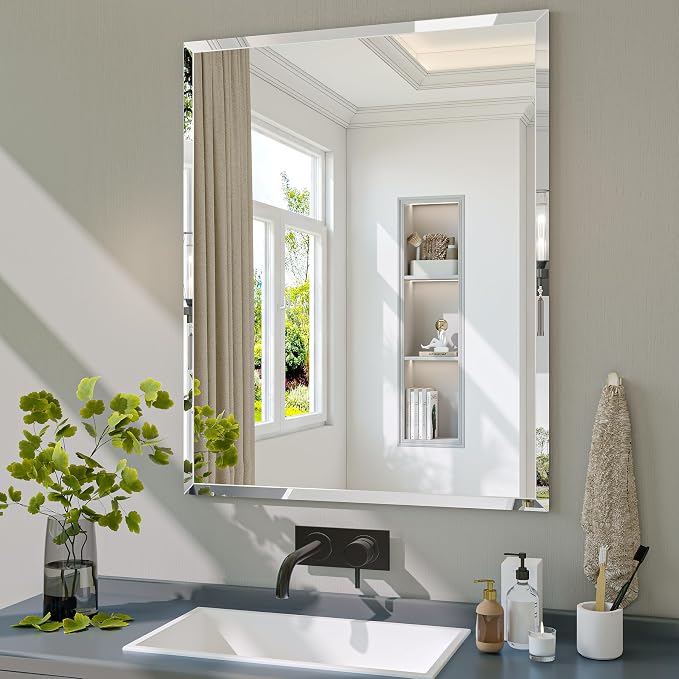 Frameless Bathroom Mirror, 24" x 30" Beveled Wall Mirror | 5mm HD glass, 20mm beveled edge, frameless, anti-rust, shatterproof, french cleat, horizontally or vertically