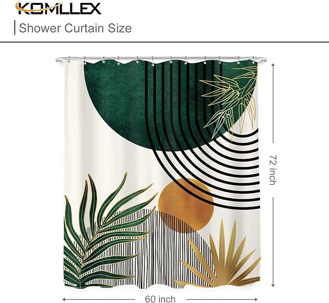 Mid Century Green Boho Shower Curtain Abstract Modern Bathroom Curtain Set | 60Wx72L Plant Botanical Palm Leaves Bathroom Curtains Fabric Waterproof Polyester 12 Hooks