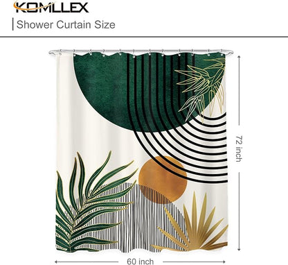 Mid Century Green Boho Shower Curtain Abstract Modern Bathroom Curtain Set | 60Wx72L Plant Botanical Palm Leaves Bathroom Curtains Fabric Waterproof Polyester 12 Hooks