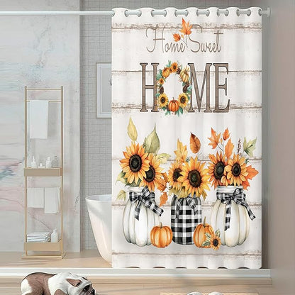 Tijuboni Fall Sunflower Pumpkin Shower Curtain, Farmhouse Home Sweet Home Bathroom Decor, Rustic Maple Leaf Waterproof Fabric Curtain for Harvest Thanksgiving Gifts 60x72 Inch