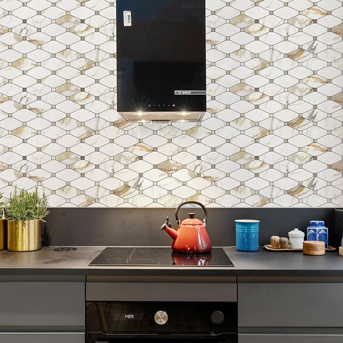 STICKGOO 10 Sheets Peel and Stick Backsplash, Calacatta Golden Stick on Aluminum Composite Tiles Stikers, Self Adhesive Mixed Metal Backsplash for Kitchen, Bathroom, Fireplace, RV