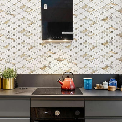 STICKGOO 10 Sheets Peel and Stick Backsplash, Calacatta Golden Stick on Aluminum Composite Tiles Stikers, Self Adhesive Mixed Metal Backsplash for Kitchen, Bathroom, Fireplace, RV