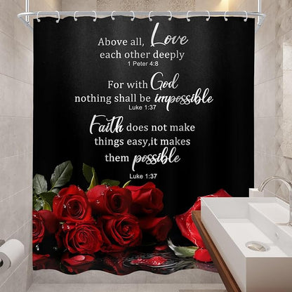 Black Red Rose Floral Christian Women Vintage Bathroom Shower Curtain Set | 60"W x 72"H Flower Inspirational; waterproof HD print, quick-dry fabric and plastic hooks for easy setup.