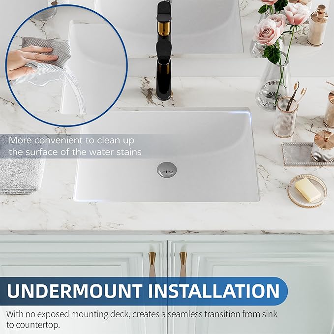 Undermount Bathroom Sink Rectangle, Hugsleek Interior Bowl Size 18.3 x 12.3 inch White Porcelain Ceramic Vessel Sink Under Counter Exterior Size 20x14in Rectangular Bath Sink Basin Lavatory Fireclay