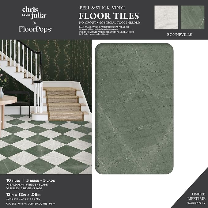 FloorPops x Chris Loves Julia Bonneville Jade Peel and Stick Floor Tiles, FP6332 (Pack of 6)