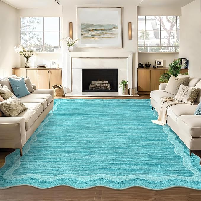 Garvee Scalloped Rug 10x13 Washable Area Rug for Living Room Teal | Rugs for Living Room, Non-Slip Soft Carpet for Bedroom, Scalloped Low-Pile Solid Rug Accent Rug for Dining Room Home Office