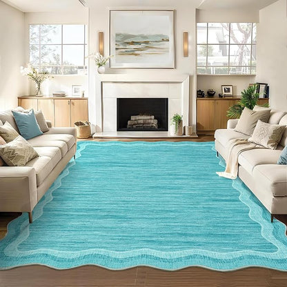 Garvee Scalloped Rug 10x13 Washable Area Rug for Living Room Teal | Rugs for Living Room, Non-Slip Soft Carpet for Bedroom, Scalloped Low-Pile Solid Rug Accent Rug for Dining Room Home Office