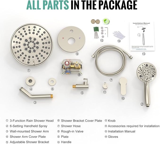 SR SUN RISE Shower Faucet - 8 Inch Multifunctional High Pressure Shower Head System with Handheld Shower Head Fixtures - Valve Included - Brushed Nickel