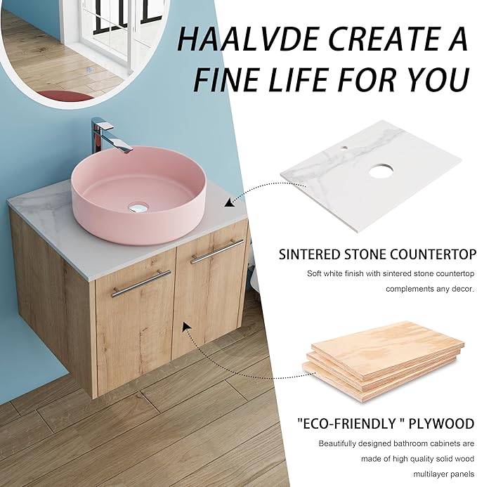 24" Floating Vanity with Sink, 24 Inch Bathroom Vanity with Sink, Modern Plywood Floating Cabinet with Sintered Stone Countertop and Pink Ceramic Basin, Soft Close Doors