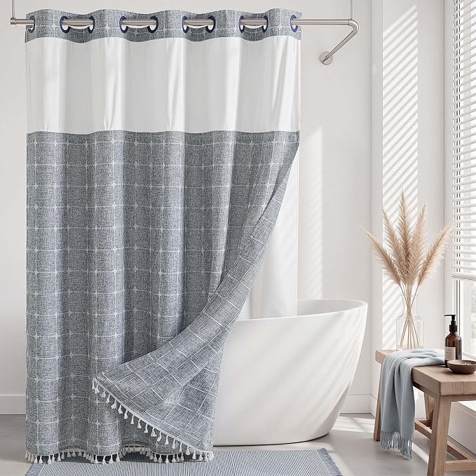 River Dream Farmhouse No Hooks Shower Curtain with Snap-in Liner,Blue,71x74 | Snap on Fabric Liner,Heavy Duty,Quick Dry,Mesh Top Window,With Bottom Magnets,Washable,with Tassels,Standard Size