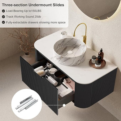 36" Floating Bathroom Vanity with Sink, Natural Solid Wood Modern Bathroom Vanities with Ultra-Thin Marble Ceramic Basin and Top, Soft-Close Design, Pre-Assembled, Gloss Black