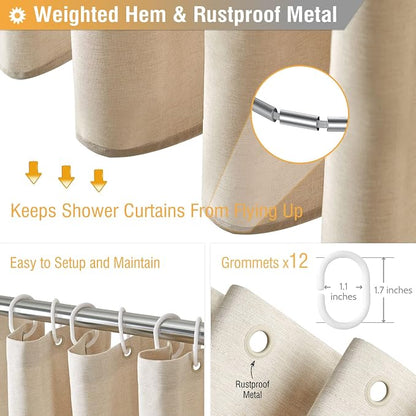 Extra Long Linen Textured Fabric Shower Curtain, 72x96, Beige/Cream | Extra Tall Size, 230GSM Polyester, Heavy Duty Waterproof Cloth, Weighted Hem, 12 Hooks, Modern Hotel Style, Machine Washable