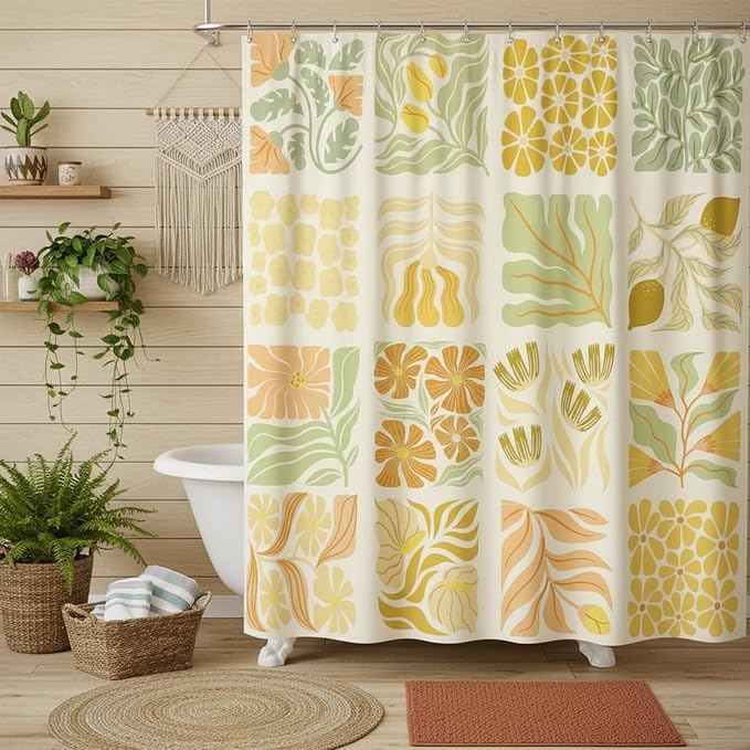 JAWO Cute Boho Floral Shower Curtain, Vintage Yellow Abstract Floral Retro Aesthetic Shower Curtain for Bathroom, Funky Unique Waterproof Fabric Polyester Bath Curtains Decor with Hooks,70Wx75H