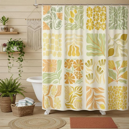 JAWO Cute Boho Floral Shower Curtain, Vintage Yellow Abstract Floral Retro Aesthetic Shower Curtain for Bathroom, Funky Unique Waterproof Fabric Polyester Bath Curtains Decor with Hooks,70Wx75H