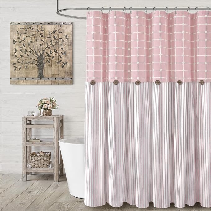 Farmhouse Shower Curtain Button Plaid-Pink-Pink Stripe 72"W x 72"L | Farmhouse Style, Chic Button, Striped, Linen Fabric, Rustic, Country, Natural Look, Washable, for Bathroom Bathtub