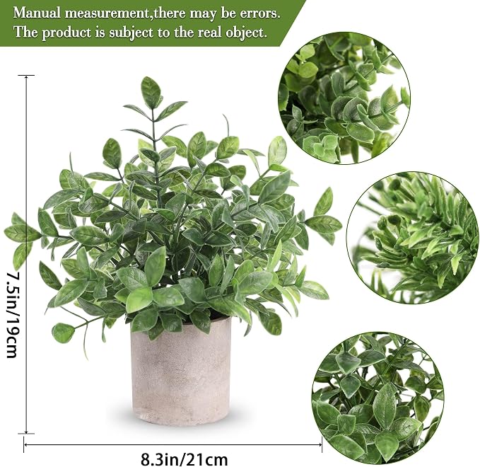 Der Rose 3 Pack Fake Plants Mini Faux Plants for Shelf Classroom Decor | Green eucalyptus, eco-friendly paper pulp pot, adjustable stems, pet child safe, office desk kitchen bathroom decor