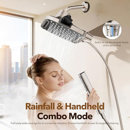 JDO High Pressure Rain Shower Head with Handheld Spray Brushed Nickel | 7 Modes Dual Shower Head, 10-inch Rainfall Showerheads Combo, Detachable Hand Held Shower Wand, Power Jets, 71" Shower Hose