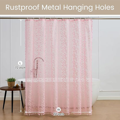 WAZZIO Pink Lace Shower Curtain - Vintage Pretty Pastel Girl Floral Shower Curtain Girly, Cute Coquette Tassel Princess Bath Curtains for Bathroom, 72 x 72 Inch, 1 Panel