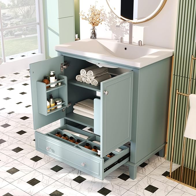 LUMISOL 30 Inch Bathroom Vanity with Sink Combo, Solid Wood Bathroom Cabinet with One Drawer and 2 Storage Doors, Multifunctional Organizers, Undermount Ceramic Sink, Green
