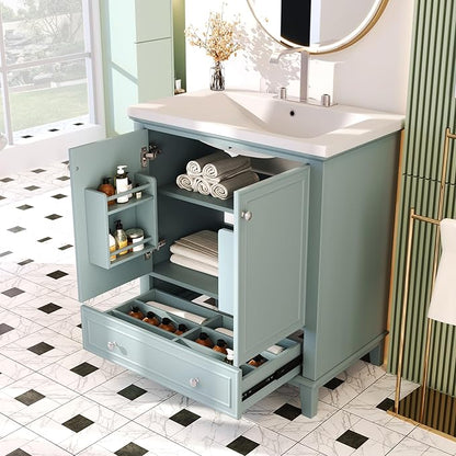 LUMISOL 30 Inch Bathroom Vanity with Sink Combo, Solid Wood Bathroom Cabinet with One Drawer and 2 Storage Doors, Multifunctional Organizers, Undermount Ceramic Sink, Green