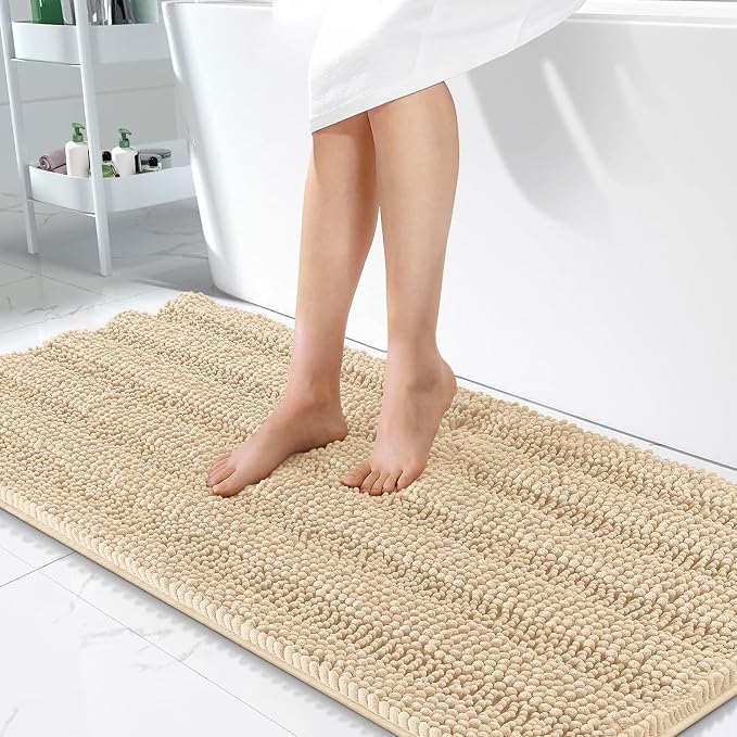 OLANLY Thick Bathroom Runner Rugs 47x24, Soft Chenille Bath Rugs, Beige | Absorbent Striped, Rubber Backing, Machine Wash, Long Bath Mats for Bathroom Floor, Tub and Shower, Home Decor Accessories
