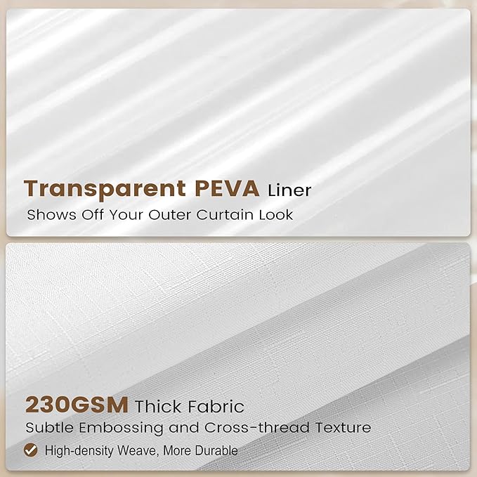 BTTN 3 in 1 Shower Curtain with Clear Liner - 72x78 Long Boho Linen Textured Fabric Shower Curtain Set with Plastic Hook, Tall Decorative Heavy Duty Waterproof Shower Curtain for Bathroom, White