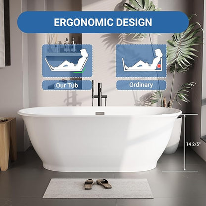 67" Oval Freestanding Bathtub, Acrylic Soaking Tub with Overflow, Matte Silver Drain, Modern Stand Alone Tub, Deep Free Standing Bath Tub for Bathroom, Hotel, Easy Install, CUPC Certified, White