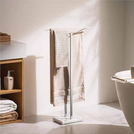 Bathroom Towel Rack Freestanding Floor Stand: Brushed 36in 2‑Bar Weighted Marble Base Towel Holder, Rustproof 304 Stainless Steel Drying Rack for Bath&Hand Towels, No‑Drill Slim Organizer, Spa Pool
