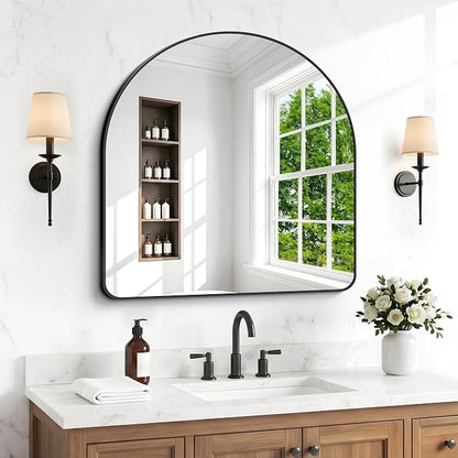 BONEWEI Arched Wall Mirror,36x36 inch Black Arched Mirror Bathroom,Large Vanity Mirror for Over Sink Metal Frame,Tempered Glass Arch Mirrors for Bedroom,Entryway,Living Room,Home Decor Shatter-Proof
