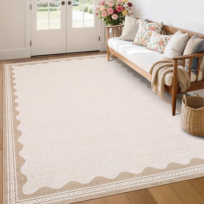 Garvee Entryway Rug 3x5 Washable Bordered Modern Rug Low Pile Beige | Stain-Resistant Foldable Ultra Soft Non Slip Lightweight Rugs Indoor Non-Shedding Mat for Kitchen Bedroom Nursery Entrance