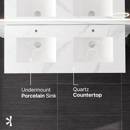 Eviva Aurora 48 in. Concrete Gray Wall Mount Double Sink Bath Vanity with Carrara Quartz Top