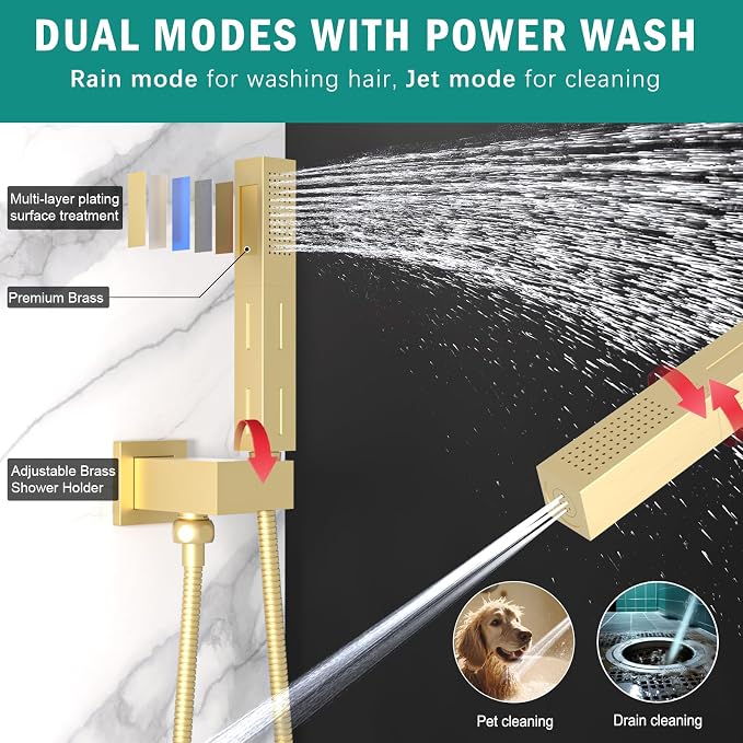 Enga Shower System with Body Jets, Dual Head 10 Inch Rain Shower Head with 6 Inch Showerhead, 4 Body Jets with 2 in 1 Handheld Spray, Brushed Gold