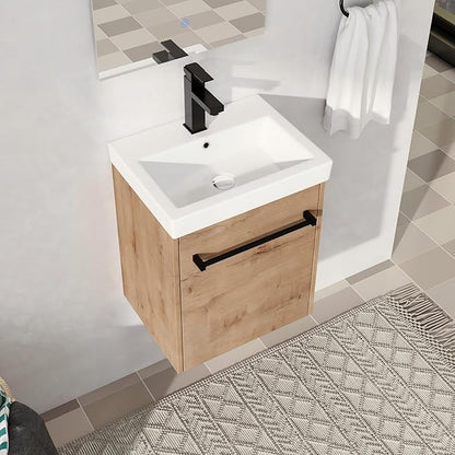 18" Bathroom Vanity with Sink, 18 Inch Floating Vanity, Modern Brown Bathroom Vanity Set, Single Sink Wall Mounted Vanity Combo with 1 Door