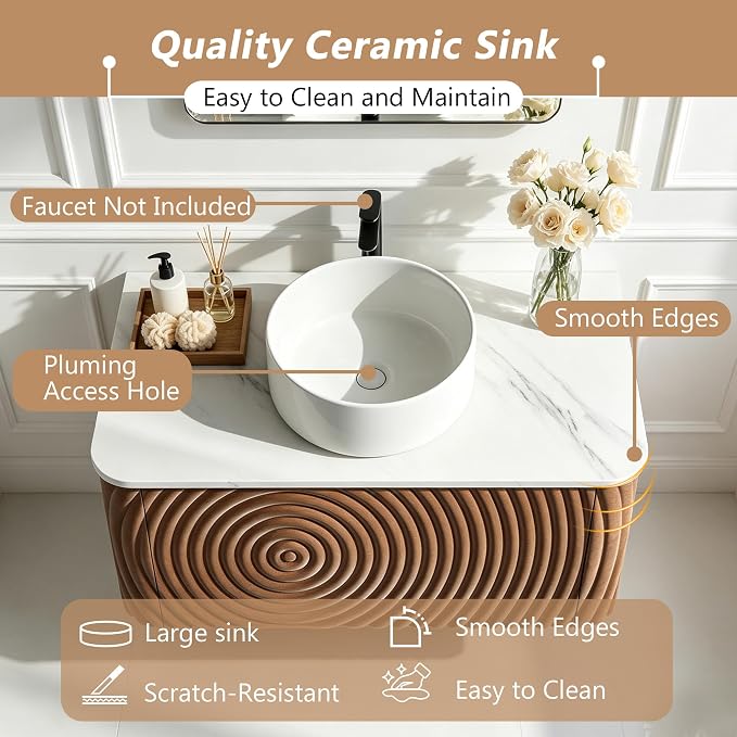 54" Floating Bathroom Vanity with Sink, Mid-Century Wall Mounted Bathroom Vanity Cabinet with Wood Waved Decor,Ceramic Vessel Basin and Sintered Stone Top, Soft Close Drawer, 2 Side Open Cube