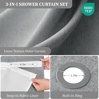 Grey Ringless Linen Textured Shower Curtain with Snap in Liner, 72x75 | 3 in 1 Hotel Shower Curtain Set, Removable Liner, Waterproof & Washable, Mesh Top Window, Durable Fabric, Easy to Install