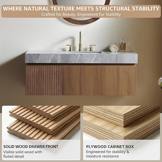 48” Floating Bathroom Vanity with Sink, Wall-Mounted Cabinet with Drawer & Doors, Gray Travertine-Pattern Sintered Stone Top, Undermount Basin, 3 Faucet Hole, Soft-Close, Pre-Assembled, Brown Oak
