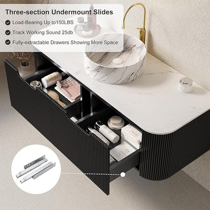 48" Floating Bathroom Vanity with Sink, Plywood Bathroom Vanities with Ultra-Thin Ceramic Basin and Marble Top, 2 Large Soft-Closing Storage Drawers, Pre-Assembled Cabinet, Gloss Black