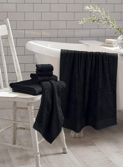 GLAMBURG 100% Cotton Ultra Soft 6 Pack Towel Set, Contains 2 Bath Towels 28x55 Inches, 2 Hand Towels 16x24 Inches & 2 Wash Coths 12x12 Inches, Compact Absorbent Lightweight & Quickdry - Black