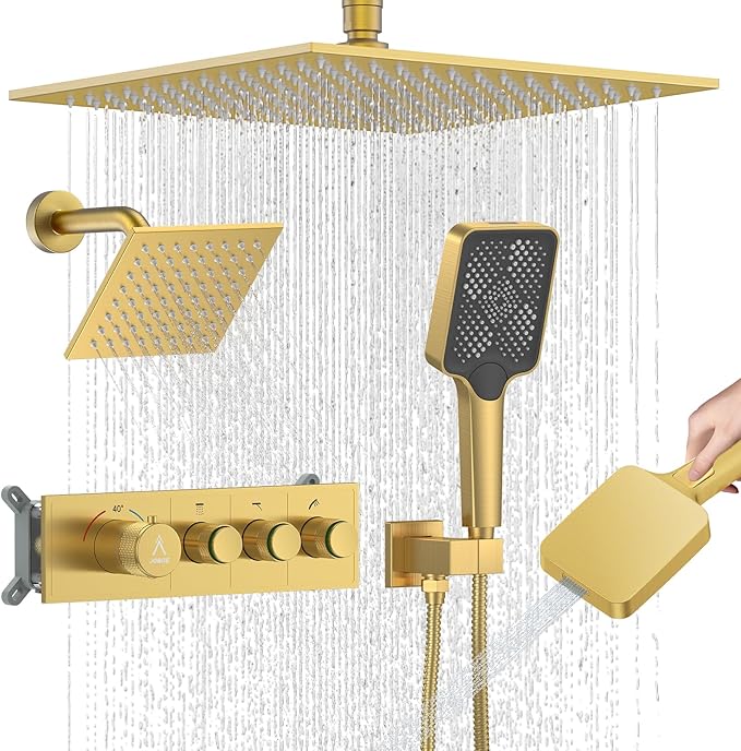 Shower System Modern Rain Brass Faucet Set With Valve and Diverter Shower Mixer With Handheld High Pressure Square Rainfall Shower Valve (12+6'' Wall Mount Thermostatic Valve, Brushed Gold)
