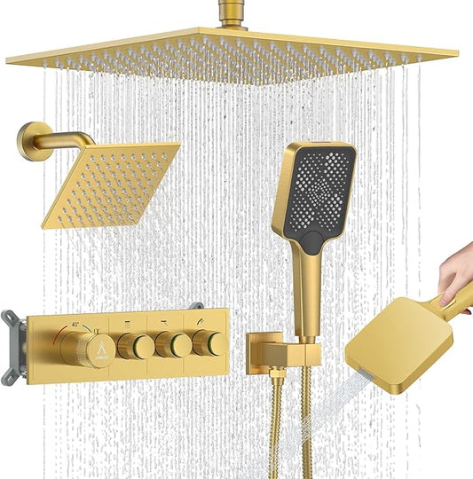 Shower System Modern Rain Brass Faucet Set With Valve and Diverter Shower Mixer With Handheld High Pressure Square Rainfall Shower Valve (12+6'' Wall Mount Thermostatic Valve, Brushed Gold)