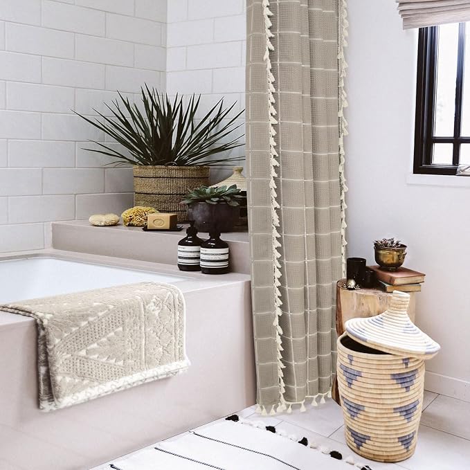 Small Stall Boho Farmhouse Shower Curtain for Bathroom 36x72 | Narrow Half French Country Plaid Tassel Shower Curtain, Rustic Aesthetic Bathroom Decor Windows Curtain, Taupe