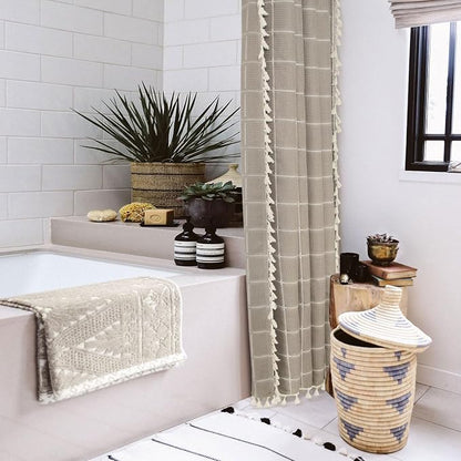 Small Stall Boho Farmhouse Shower Curtain for Bathroom 36x72 | Narrow Half French Country Plaid Tassel Shower Curtain, Rustic Aesthetic Bathroom Decor Windows Curtain, Taupe