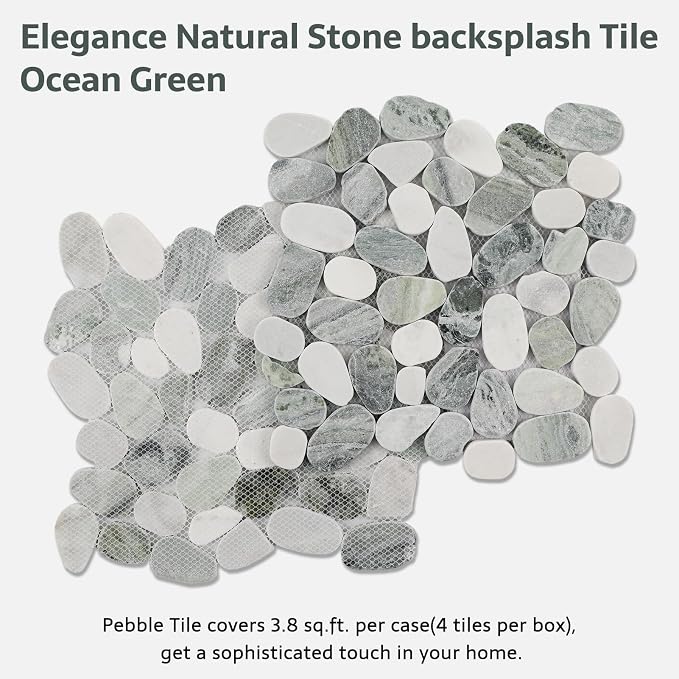 Pebble Tile, Ocean Green Sliced Pebble Stone Tiles for Shower Kitchen Backsplash Bathroom Wall and Floor, 4 Sheets