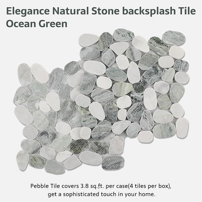 Pebble Tile, Ocean Green Sliced Pebble Stone Tiles for Shower Kitchen Backsplash Bathroom Wall and Floor, 4 Sheets