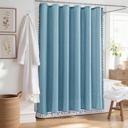 Blue Boho Linen Shower Curtain 72 Inch Fabric Textured Elegant Shower Curtain Set with Hooks Simple Aesthetic Bathroom Decor with Hooks Vintage Cottage Bath Curtain for Bathroom 72x72